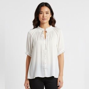 Collective Concepts Cream Puff Sleeve Blouse with Smocked Bib Collar